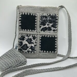 Crochet gray patchwork crossbody purse and coin purse